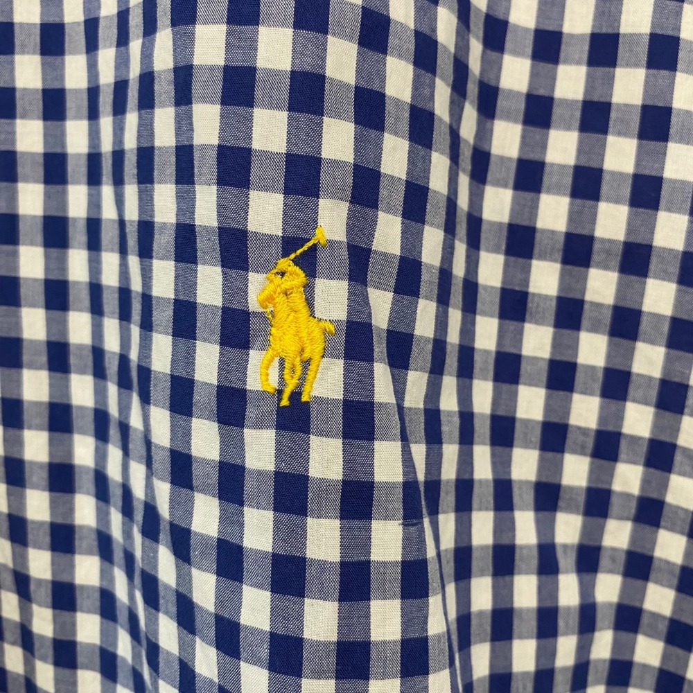 Ralph Lauren EUC Mens 2XLT Blue Gingham Short Sleeve Button Up Shirt Yellow Pony - Picture 3 of 5